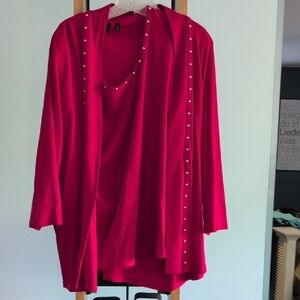 Rafaella 2xl Red Women's Tank/cardigan Set with Studded Details